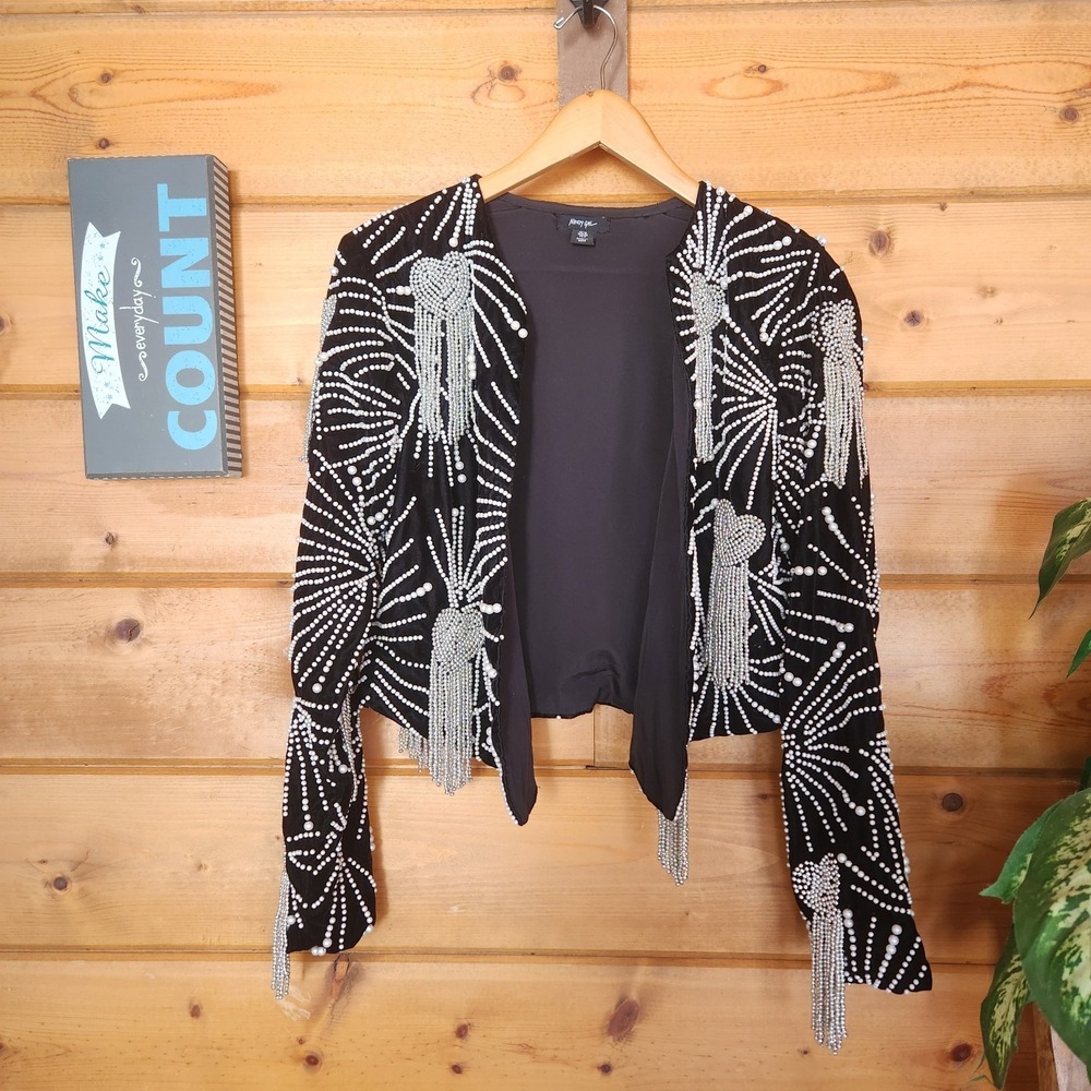 Nasty GalBlack Velvet Heart Pearl Tassel Fringe Western Open Blazer‎ Jacket Sz 6
